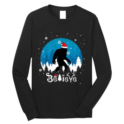 Funny Christmas Xmas Bigfoot Believe Sasquatch In Moon Light Long Sleeve Shirt