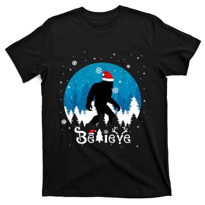 Funny Christmas Xmas Bigfoot Believe Sasquatch In Moon Light T-Shirt