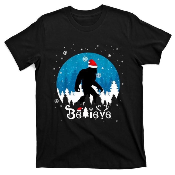 Funny Christmas Xmas Bigfoot Believe Sasquatch In Moon Light T-Shirt