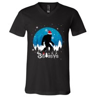 Funny Christmas Xmas Bigfoot Believe Sasquatch In Moon Light V-Neck T-Shirt