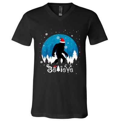 Funny Christmas Xmas Bigfoot Believe Sasquatch In Moon Light V-Neck T-Shirt