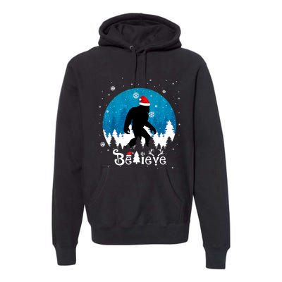 Funny Christmas Xmas Bigfoot Believe Sasquatch In Moon Light Premium Hoodie