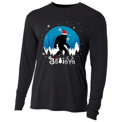 Funny Christmas Xmas Bigfoot Believe Sasquatch In Moon Light Cooling Performance Long Sleeve Crew