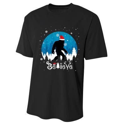 Funny Christmas Xmas Bigfoot Believe Sasquatch In Moon Light Performance Sprint T-Shirt