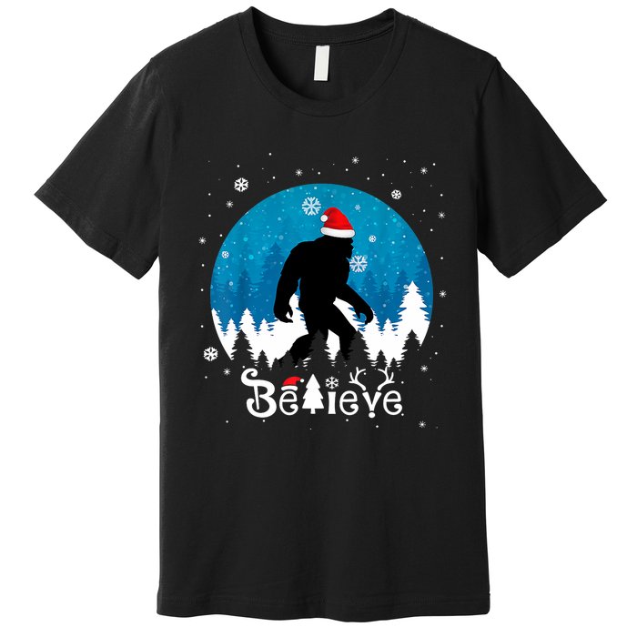 Funny Christmas Xmas Bigfoot Believe Sasquatch In Moon Light Premium T-Shirt