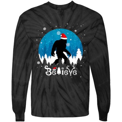 Funny Christmas Xmas Bigfoot Believe Sasquatch In Moon Light Tie-Dye Long Sleeve Shirt