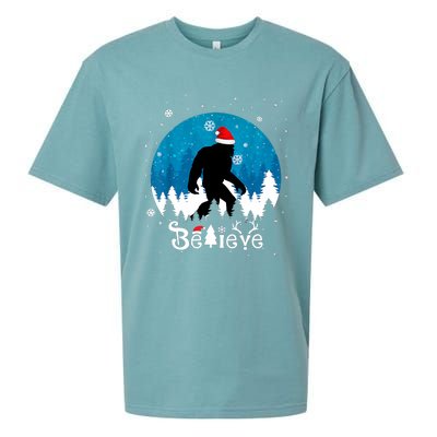 Funny Christmas Xmas Bigfoot Believe Sasquatch In Moon Light Sueded Cloud Jersey T-Shirt