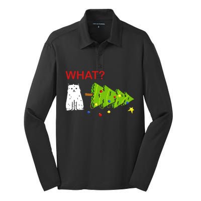 Funny Christmas XMas Cat What? Silk Touch Performance Long Sleeve Polo