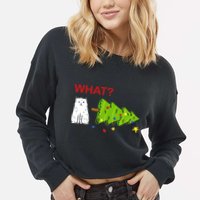 Funny Christmas XMas Cat What? Cropped Pullover Crew
