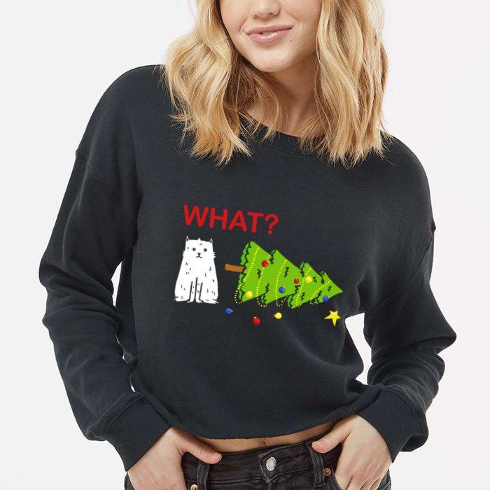 Funny Christmas XMas Cat What? Cropped Pullover Crew
