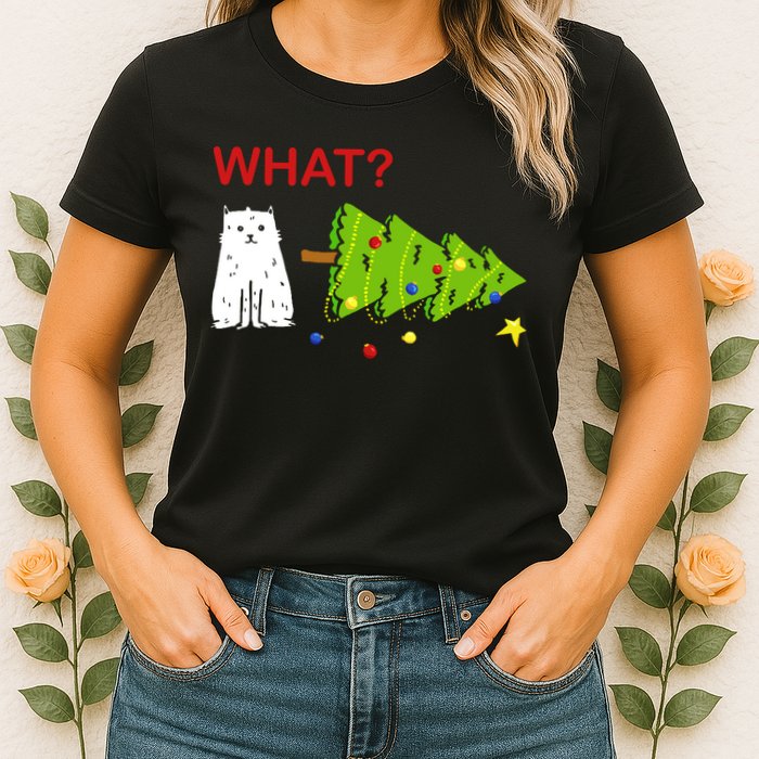 Funny Christmas XMas Cat What? Womens T-Shirt