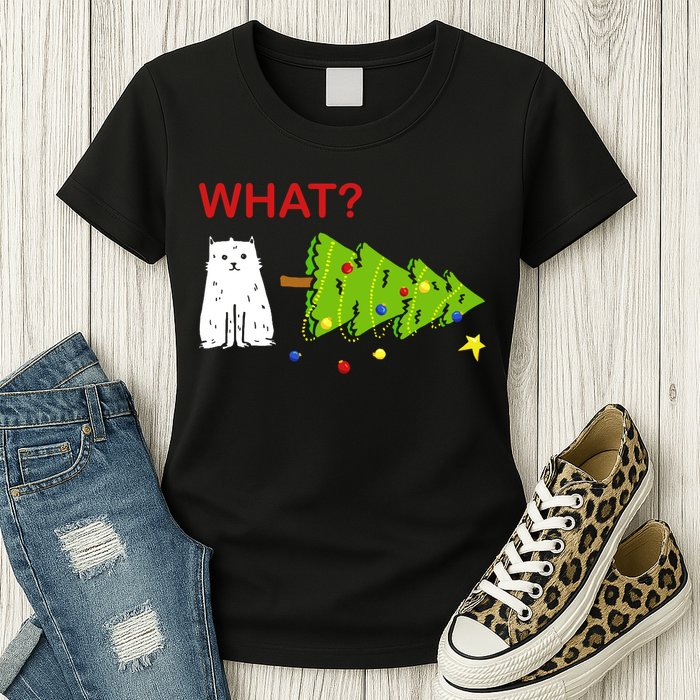 Funny Christmas XMas Cat What? Womens T-Shirt