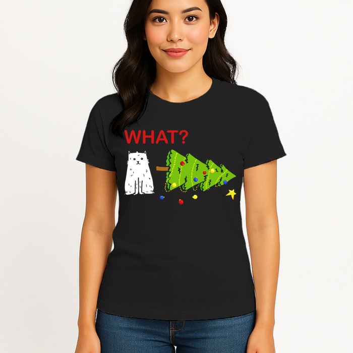 Funny Christmas XMas Cat What? Womens T-Shirt