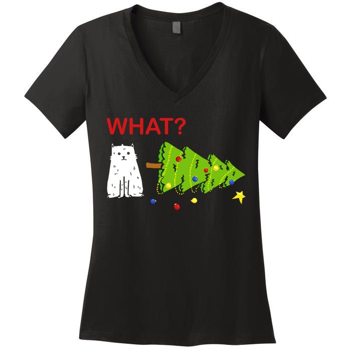 Funny Christmas XMas Cat What? Women's V-Neck T-Shirt