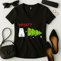 Funny Christmas XMas Cat What? Women's V-Neck T-Shirt