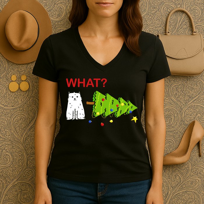 Funny Christmas XMas Cat What? Women's V-Neck T-Shirt