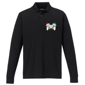 Funny Christmas Xmas Gamer Video Gaming Controller Santa Hat Performance Long Sleeve Polo