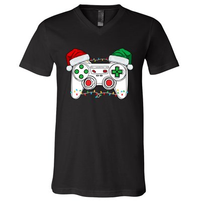 Funny Christmas Xmas Gamer Video Gaming Controller Santa Hat V-Neck T-Shirt