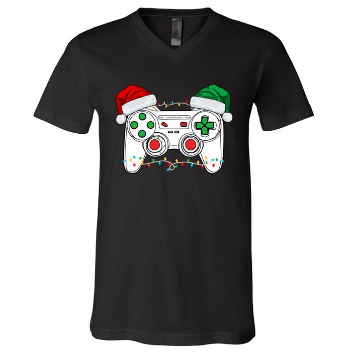 Funny Christmas Xmas Gamer Video Gaming Controller Santa Hat V-Neck T-Shirt