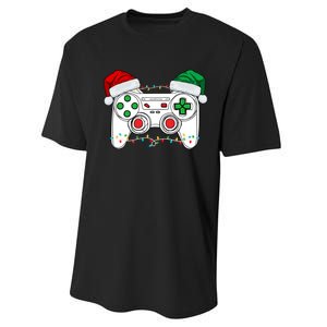 Funny Christmas Xmas Gamer Video Gaming Controller Santa Hat Performance Sprint T-Shirt