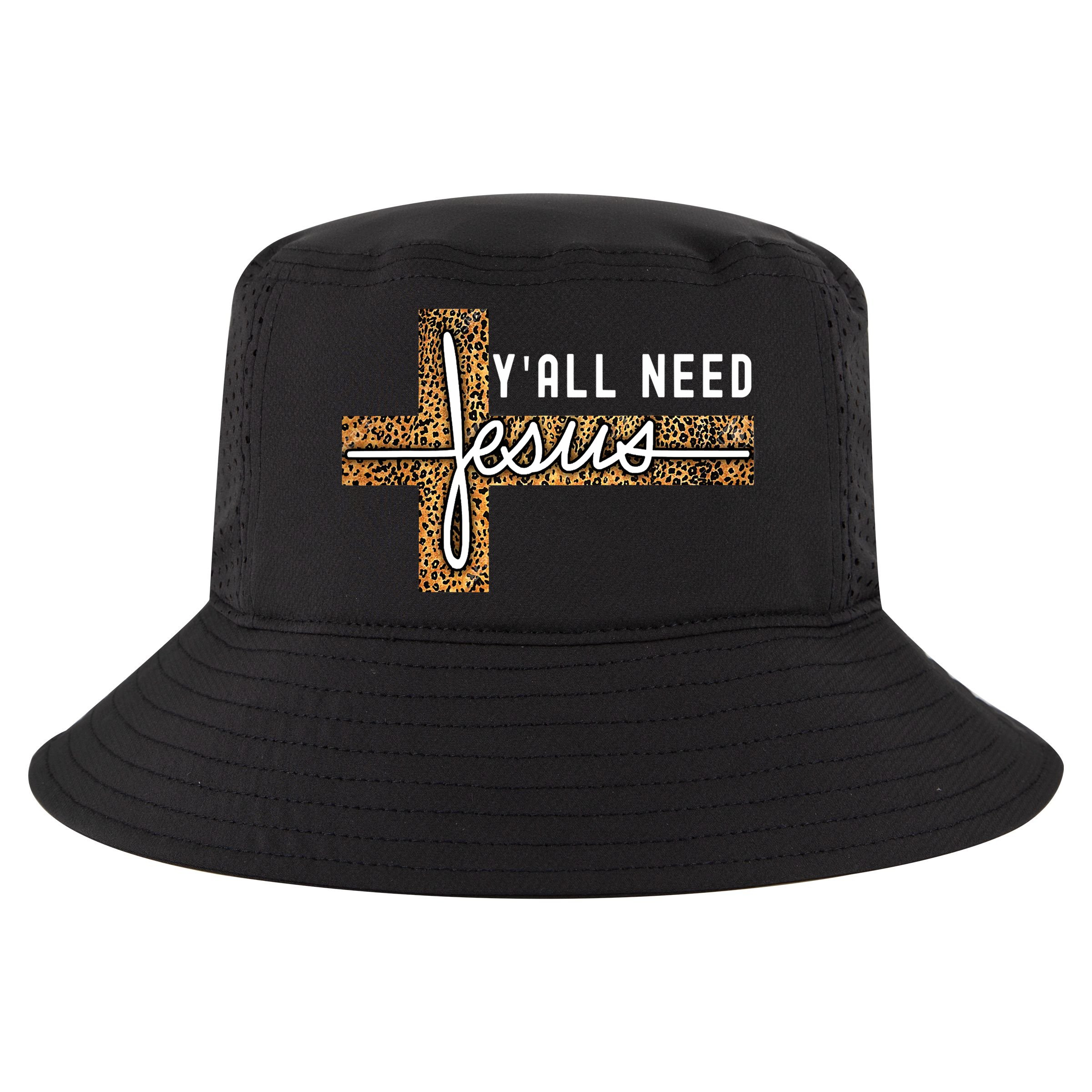 Funny Christian Y'all Need Jesus Graphic Tees Leopard Cross Cool Comfort Performance Bucket Hat