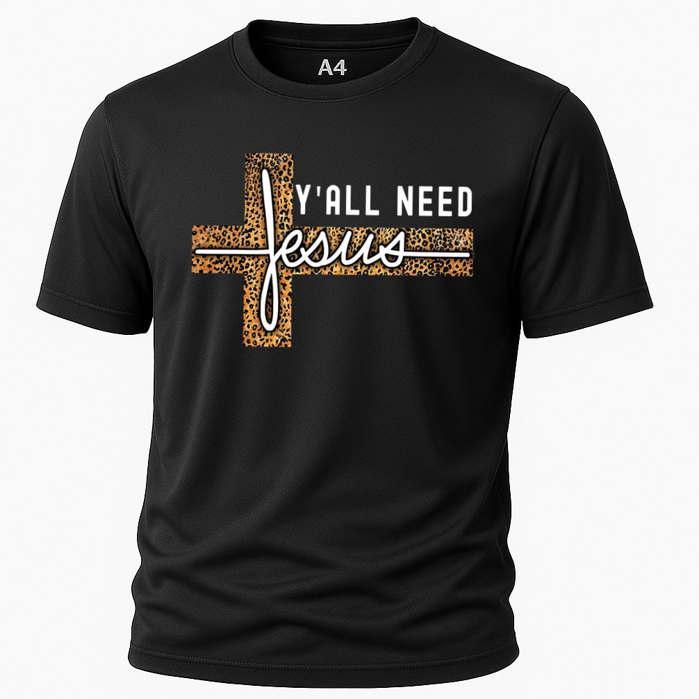 Funny Christian Y'all Need Jesus Graphic Tees Leopard Cross Cooling Performance Crew T-Shirt