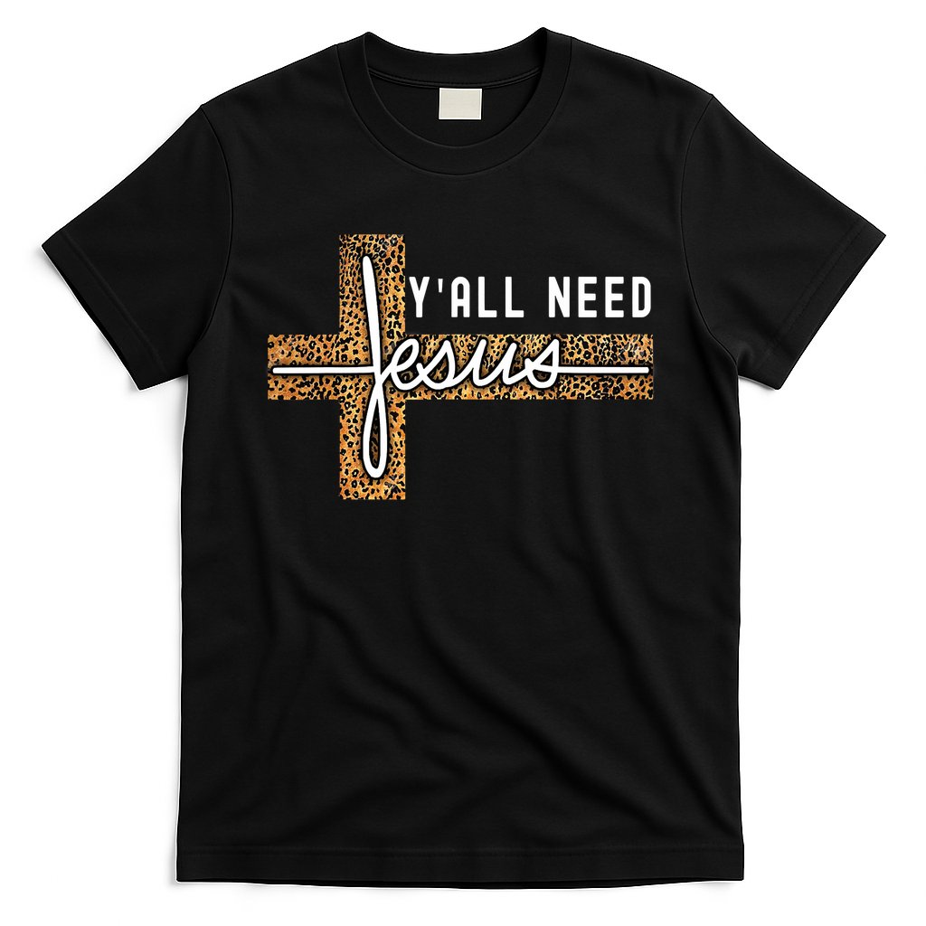 Funny Christian Y'all Need Jesus Graphic Tees Leopard Cross T-Shirt