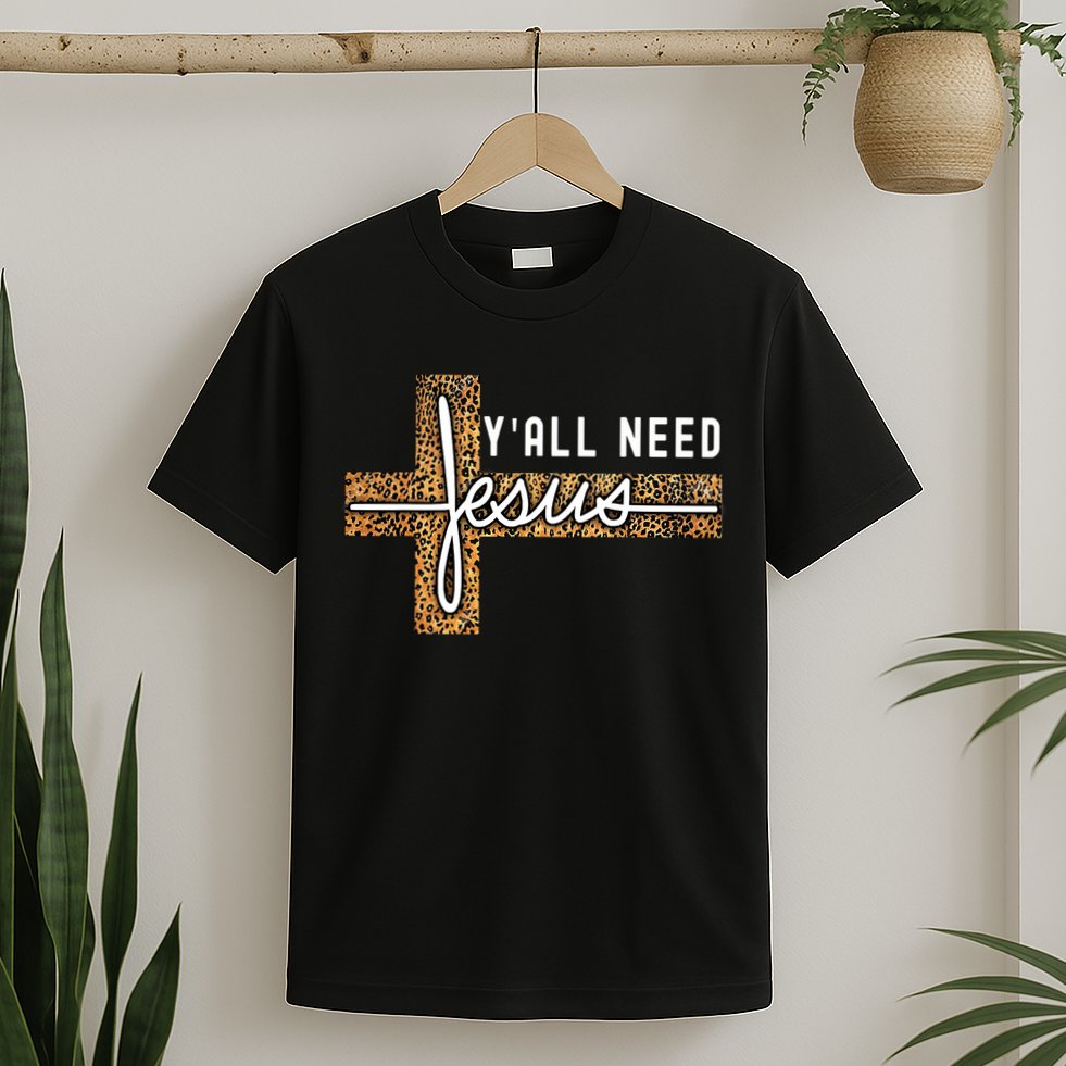 Funny Christian Y'all Need Jesus Graphic Tees Leopard Cross T-Shirt