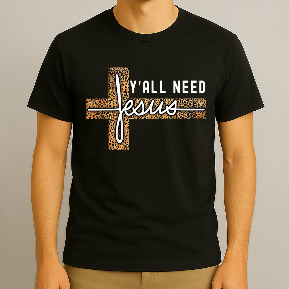 Funny Christian Y'all Need Jesus Graphic Tees Leopard Cross T-Shirt