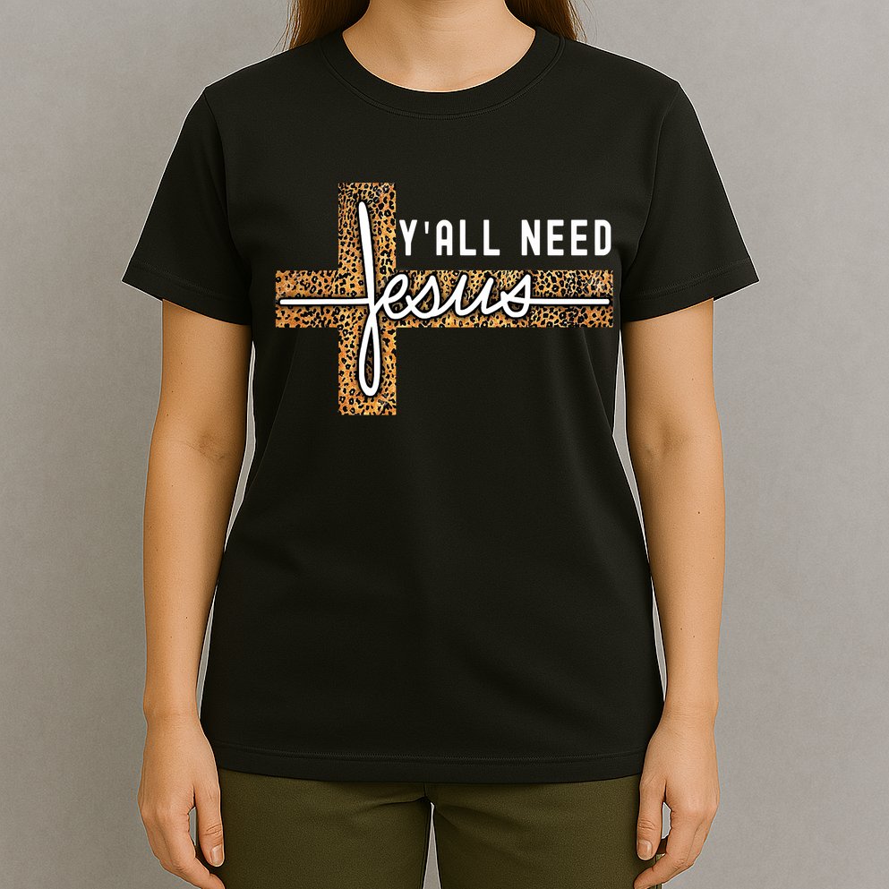 Funny Christian Y'all Need Jesus Graphic Tees Leopard Cross T-Shirt