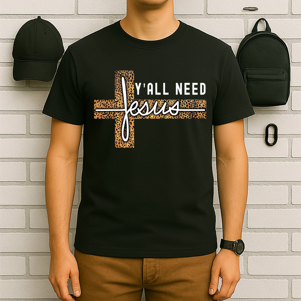 Funny Christian Y'all Need Jesus Graphic Tees Leopard Cross T-Shirt