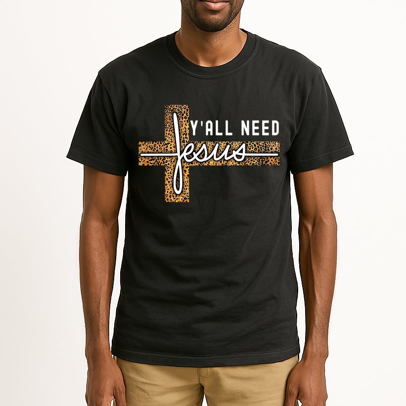 Funny Christian Y'all Need Jesus Graphic Tees Leopard Cross Tall T-Shirt