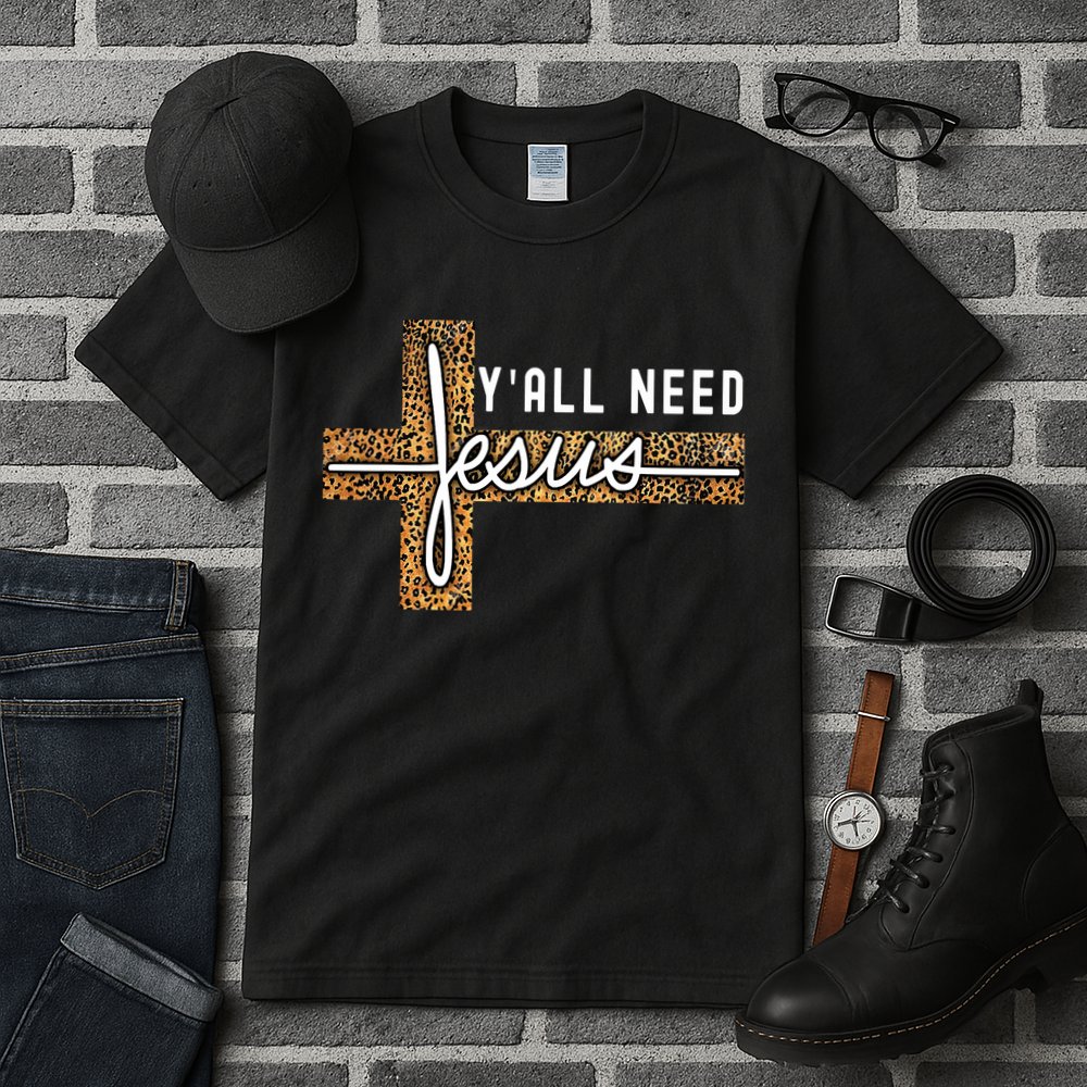 Funny Christian Y'all Need Jesus Graphic Tees Leopard Cross Tall T-Shirt