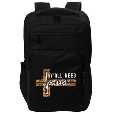 Funny Christian Y'all Need Jesus Graphic Tees Leopard Cross Impact Tech Backpack