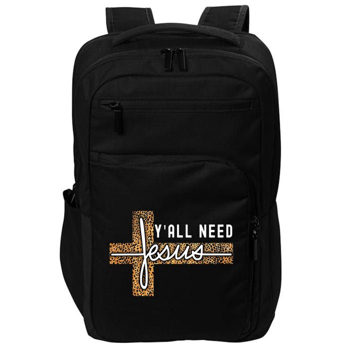 Funny Christian Y'all Need Jesus Graphic Tees Leopard Cross Impact Tech Backpack