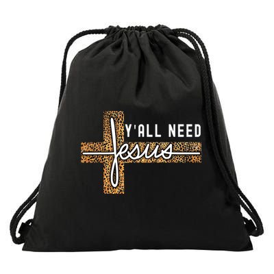 Funny Christian Y'all Need Jesus Graphic Tees Leopard Cross Drawstring Bag