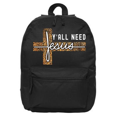 Funny Christian Y'all Need Jesus Graphic Tees Leopard Cross 16 in Basic Backpack