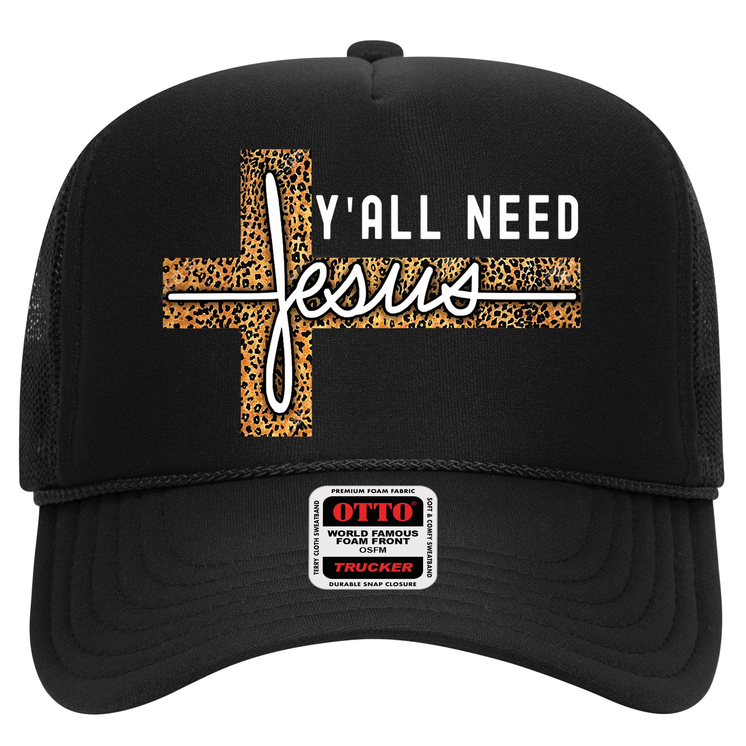 Funny Christian Y'all Need Jesus Graphic Tees Leopard Cross Hat