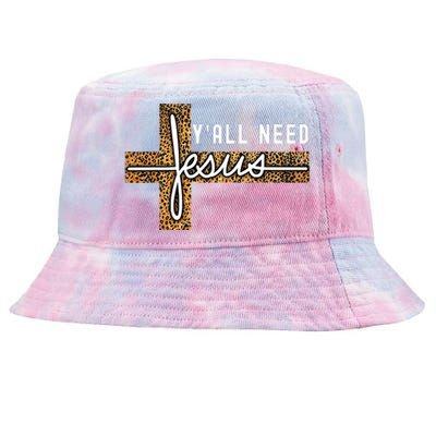 Funny Christian Y'all Need Jesus Graphic Tees Leopard Cross Tie-Dyed Bucket Hat