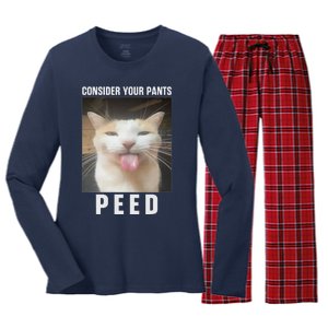 Funny Consider Your Pants Peed Silly Cat Meme Women's Long Sleeve Flannel Pajama Set 