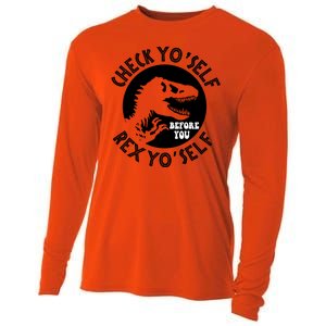 Funny Check Yourself Before You Rex Yourself T Rex Design Cooling Performance Long Sleeve Crew