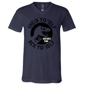 Funny Check Yourself Before You Rex Yourself T Rex Design V-Neck T-Shirt