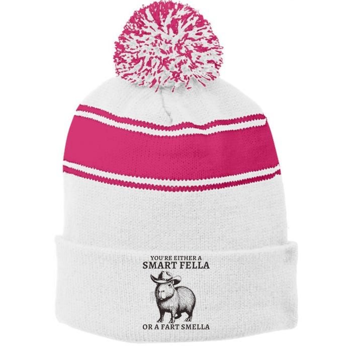 Funny Capybara YouRe Either A Smart Fella Or A Fart Smella Stripe Pom Pom Beanie