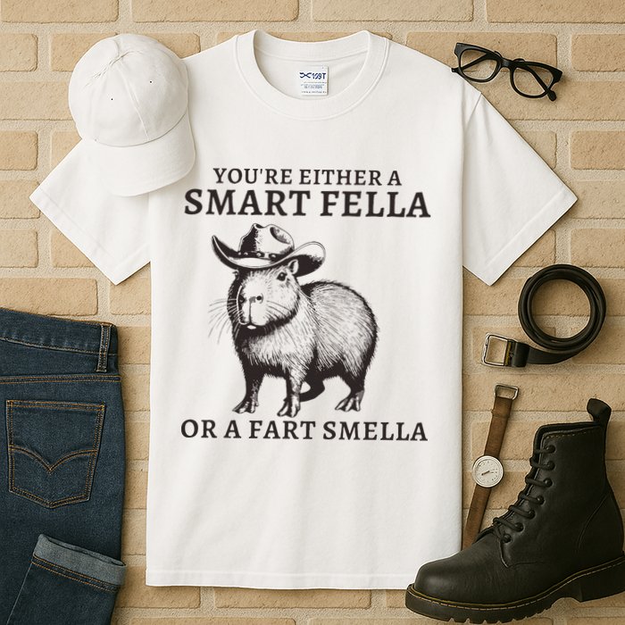 Funny Capybara YouRe Either A Smart Fella Or A Fart Smella Tall T-Shirt