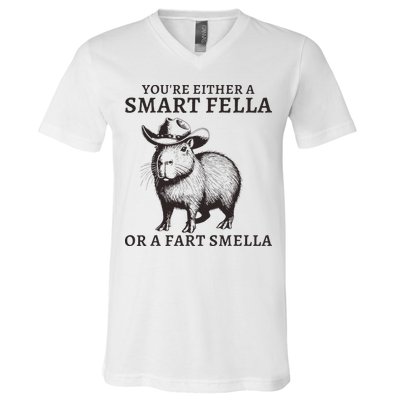 Funny Capybara YouRe Either A Smart Fella Or A Fart Smella V-Neck T-Shirt