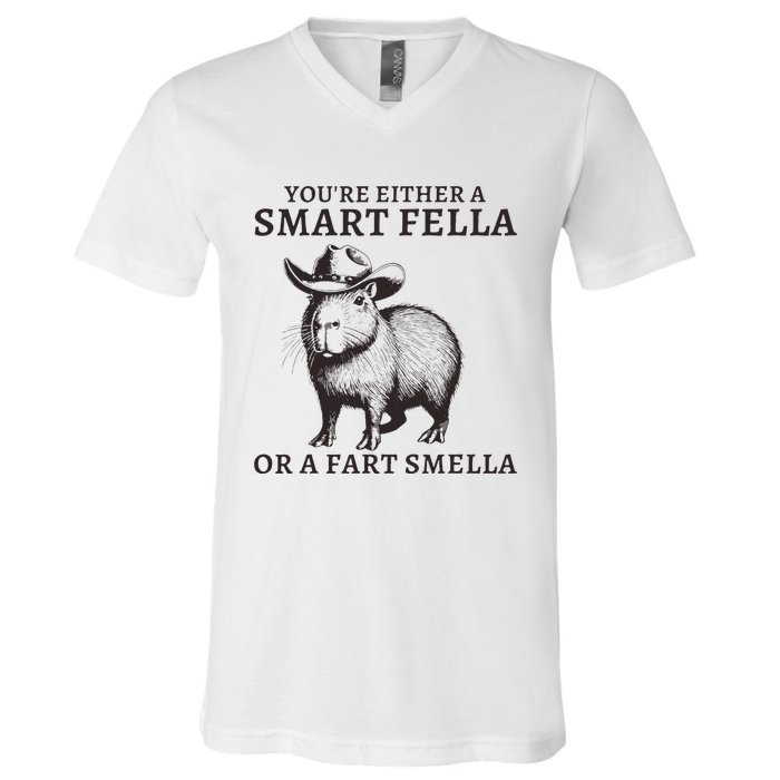 Funny Capybara YouRe Either A Smart Fella Or A Fart Smella V-Neck T-Shirt