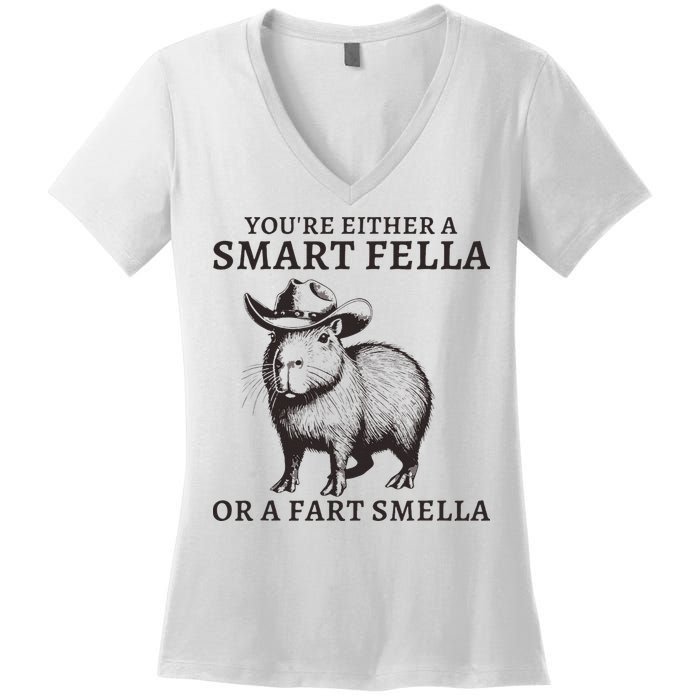 Funny Capybara YouRe Either A Smart Fella Or A Fart Smella Women's V-Neck T-Shirt