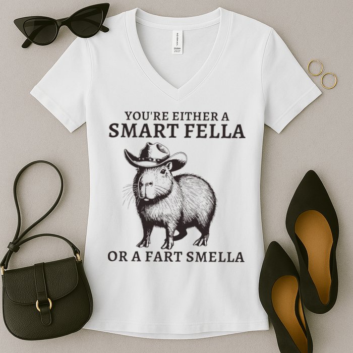 Funny Capybara YouRe Either A Smart Fella Or A Fart Smella Women's V-Neck T-Shirt