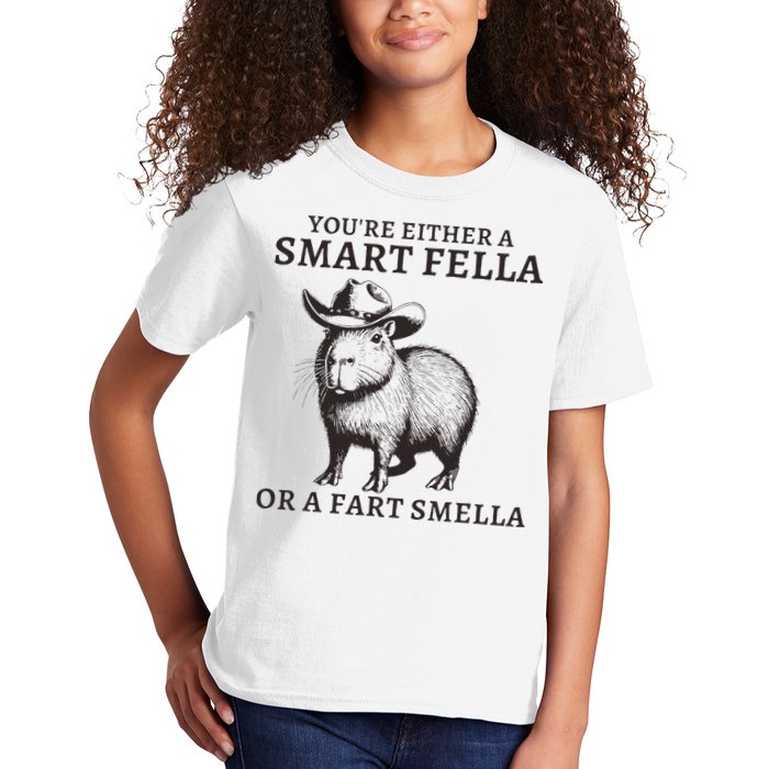 Funny Capybara YouRe Either A Smart Fella Or A Fart Smella Kids T-Shirt