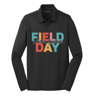 Field Day 1st First Grade School Teacher Retro Vintage Silk Touch Performance Long Sleeve Polo